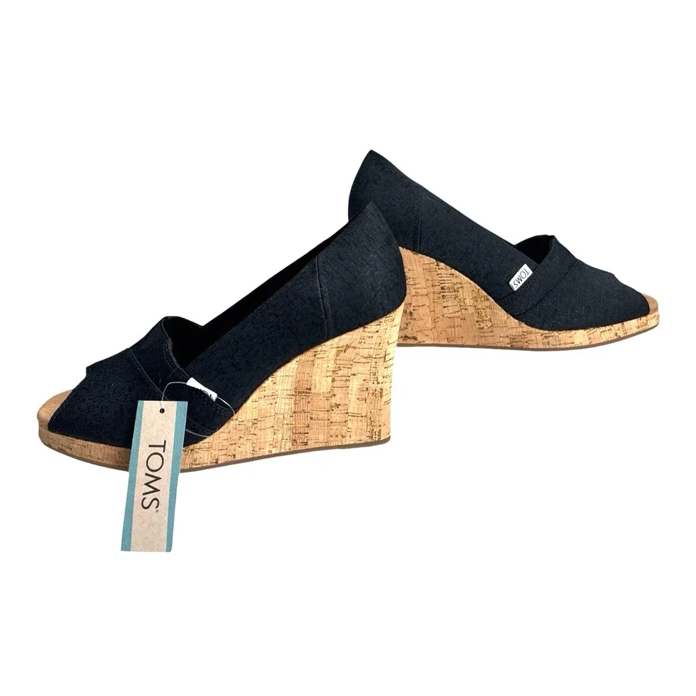 TOMS Black Cork Wedge Sandals Peep Toe Platform Slip On Heels Size 9.5M
